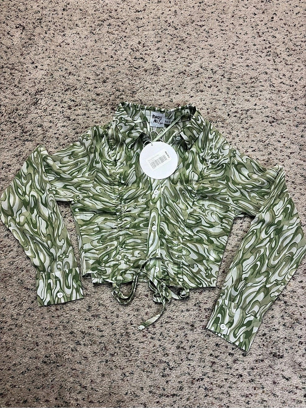 Princess Polly green and white sheer button down.